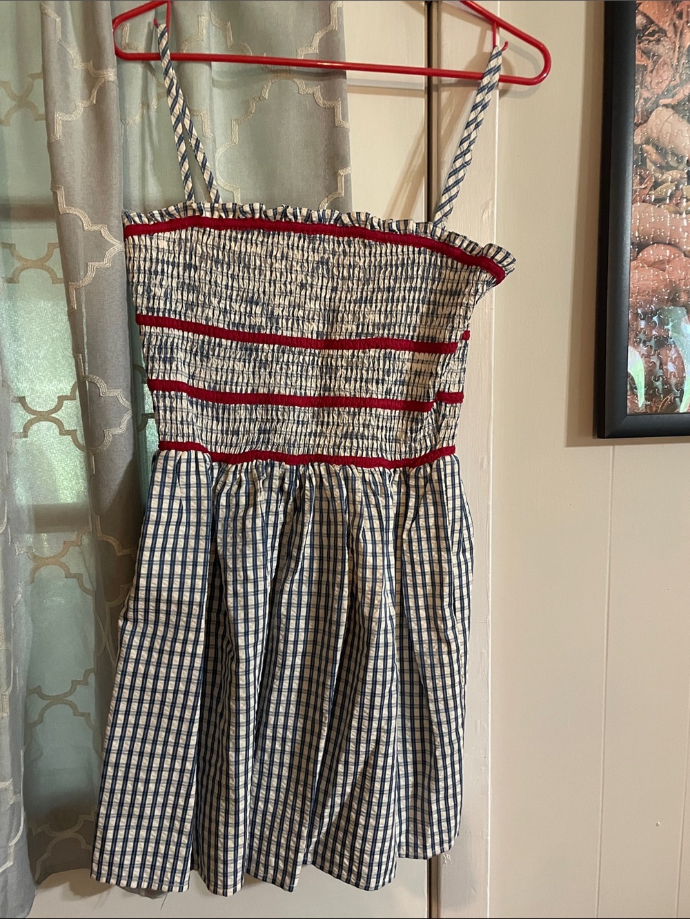 Pink Lily Blue & White Gingham Smocked Romper with Red Trim never worn